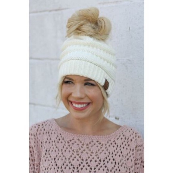 C.C. Accessories - NEW C.C. Messy Bun Beanie in Ivory